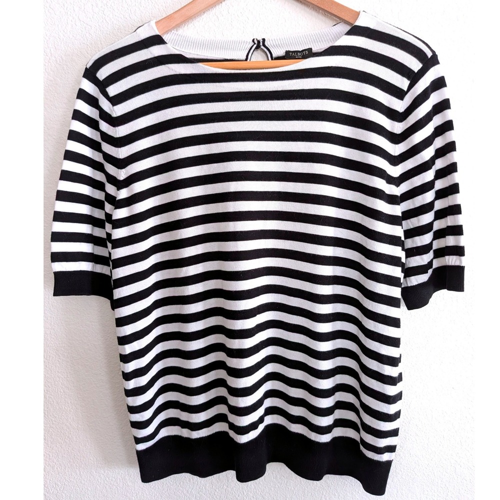 Talbots Petites XL Black White Breton Stripe Sweater Boat Neck Keyhole Back